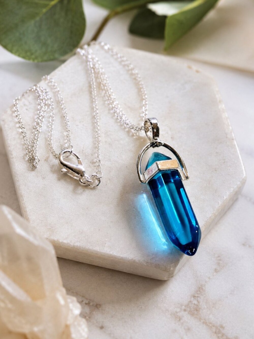 Aquamarine Bullet Point Pendant Necklace on 24' Silver Chain
